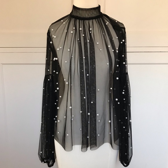 Forever 21 Tops - FOREVER 21 Black Sheer Top with Pearls Small New